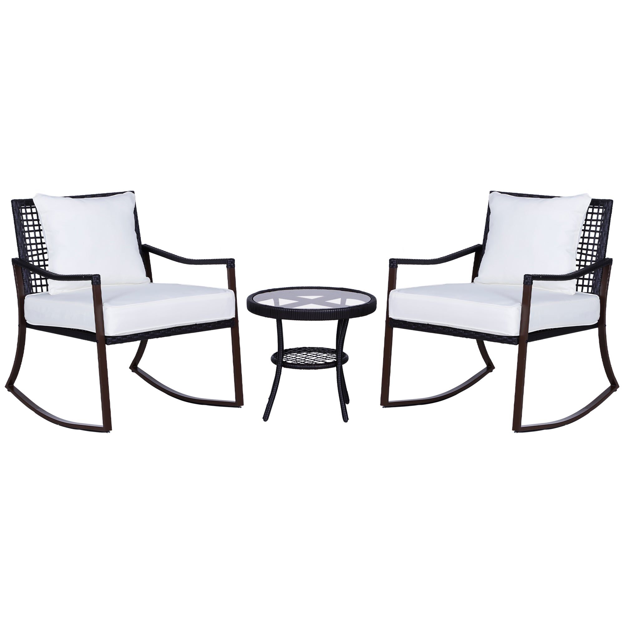 Outsunny Rattan Bistro Set, 3 Pieces Wicker Garden Furniture Set with Rocking Chairs and Round Glass Top Coffee Table, Small Balcony Furniture with Cushions for Outdoor, Porch, Brown 