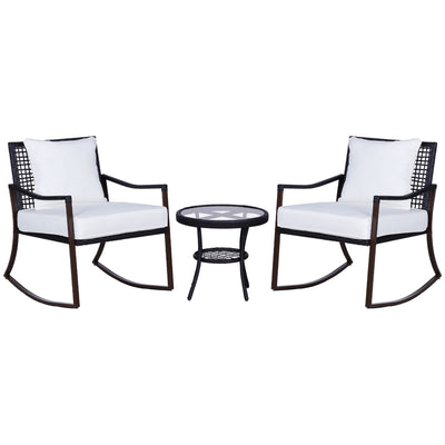 Outsunny Rattan Bistro Set, 3 Pieces Wicker Garden Furniture Set with Rocking Chairs and Round Glass Top Coffee Table, Small Balcony Furniture with Cushions for Outdoor, Porch, Brown 