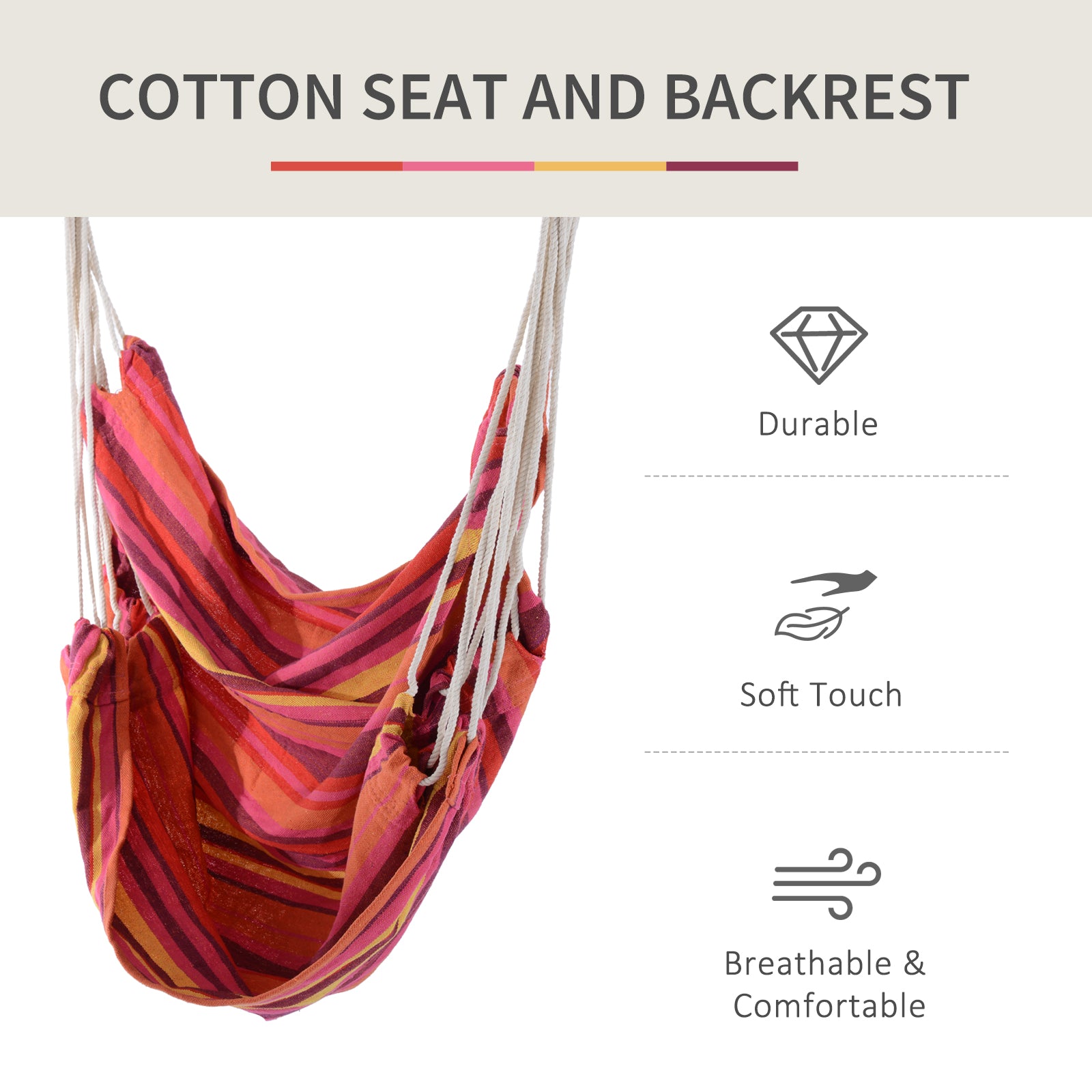 Outsunny Outdoor Hanging Rope Chair with Cotton Rope, Garden Hammock Chair with Wooden Support Bar Cotton Cloth, Portable Garden Chair for Patio & Tree, Red 