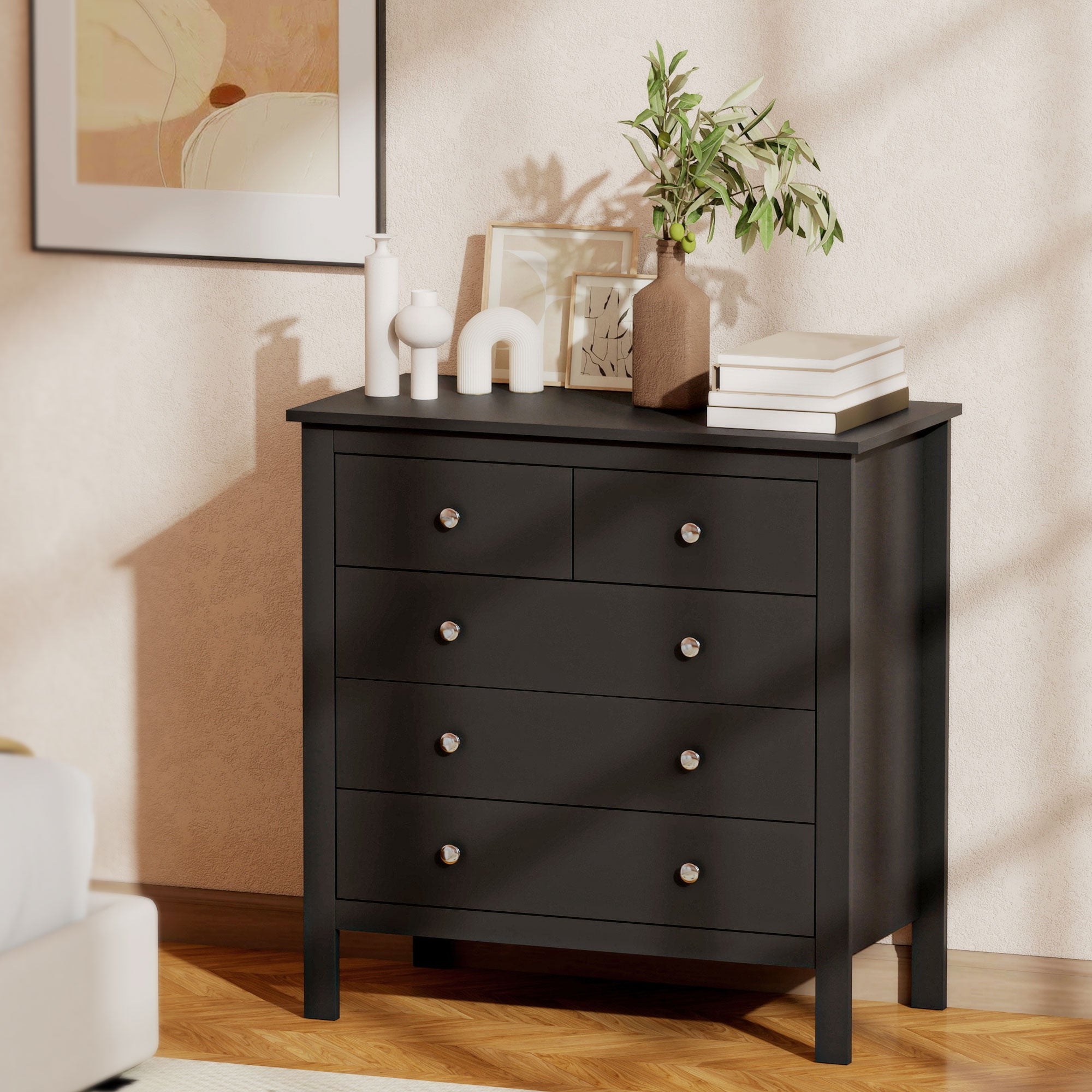 HOMCOM 5 Drawer Dresser for Bedroom, Modern Chest of Drawers, Wide Storage Unit for Living Room, Hallway, Black 