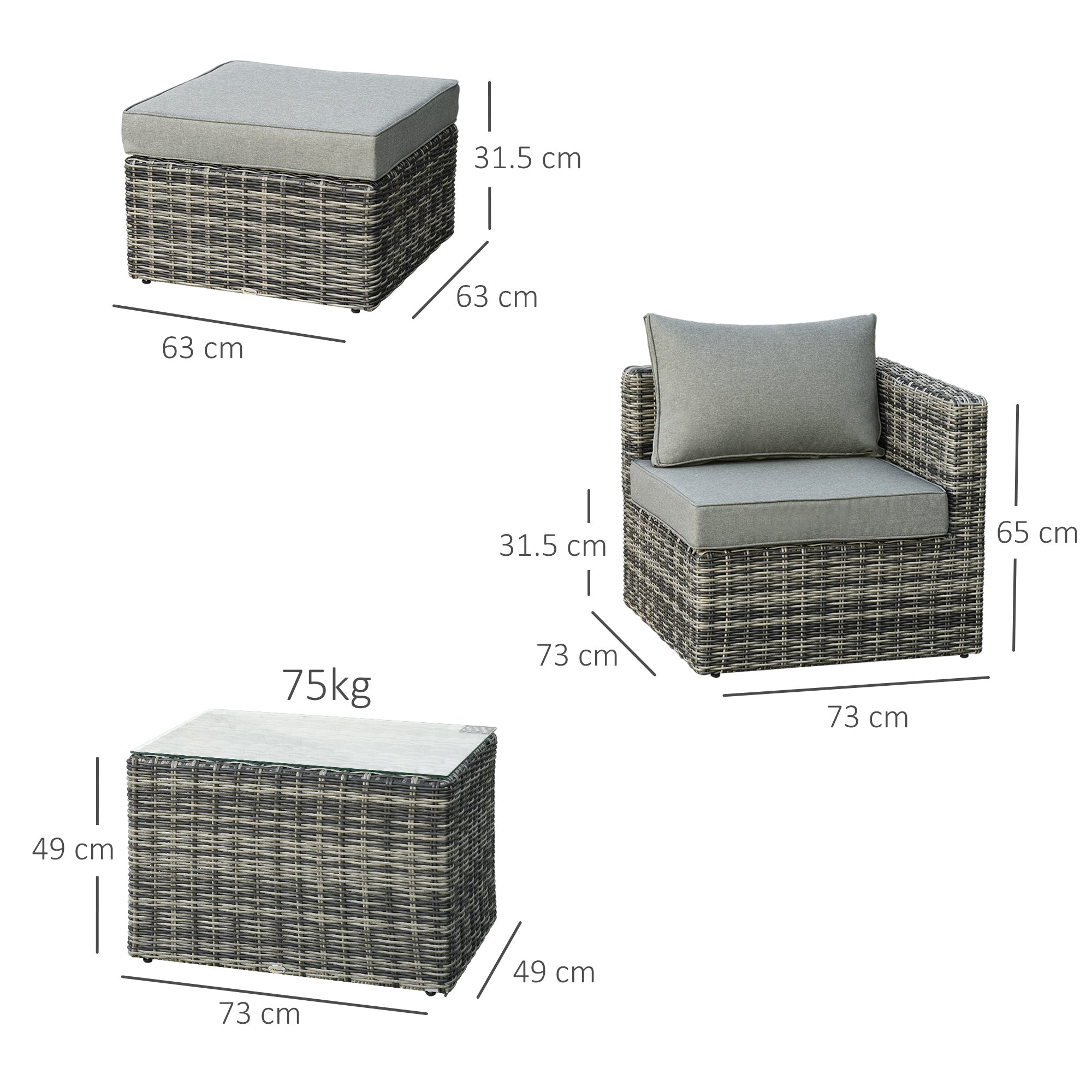 Outsunny Five Piece Rattan Armchair, Stool and Table Set - Mixed Grey 