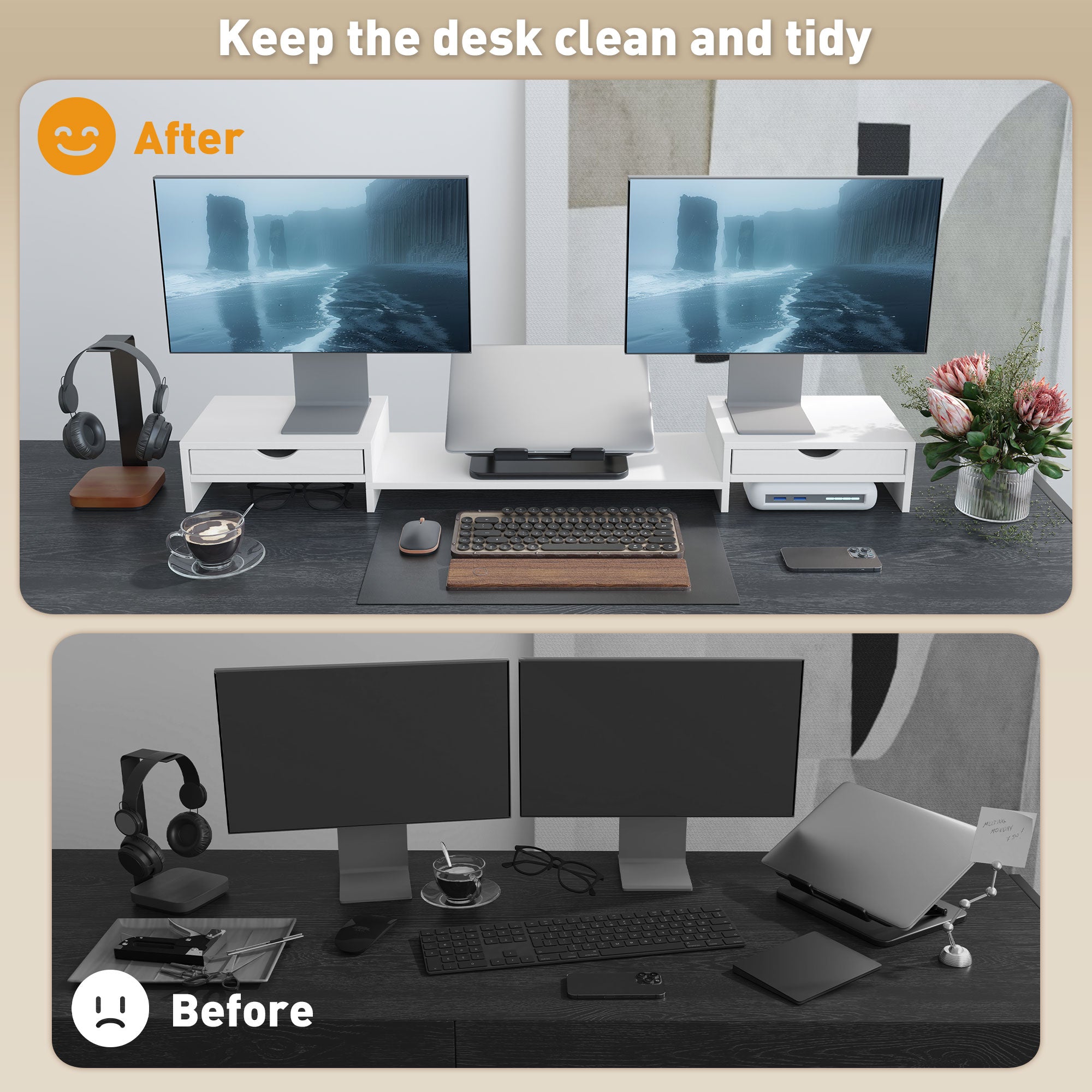 HOMCOM Dual Monitor Stand Riser with 2 Drawers, Adjustable Length and Angle, 116cm Monitor Riser for Laptop, Computer, PC, Small Printer, White 
