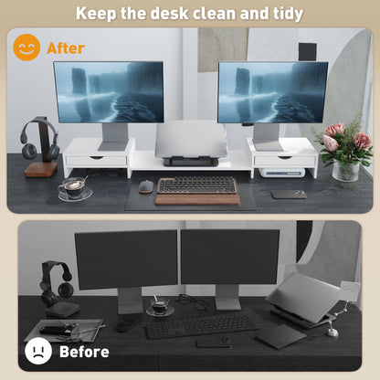 HOMCOM Dual Monitor Stand Riser with 2 Drawers, Adjustable Length and Angle, 116cm Monitor Riser for Laptop, Computer, PC, Small Printer, White 