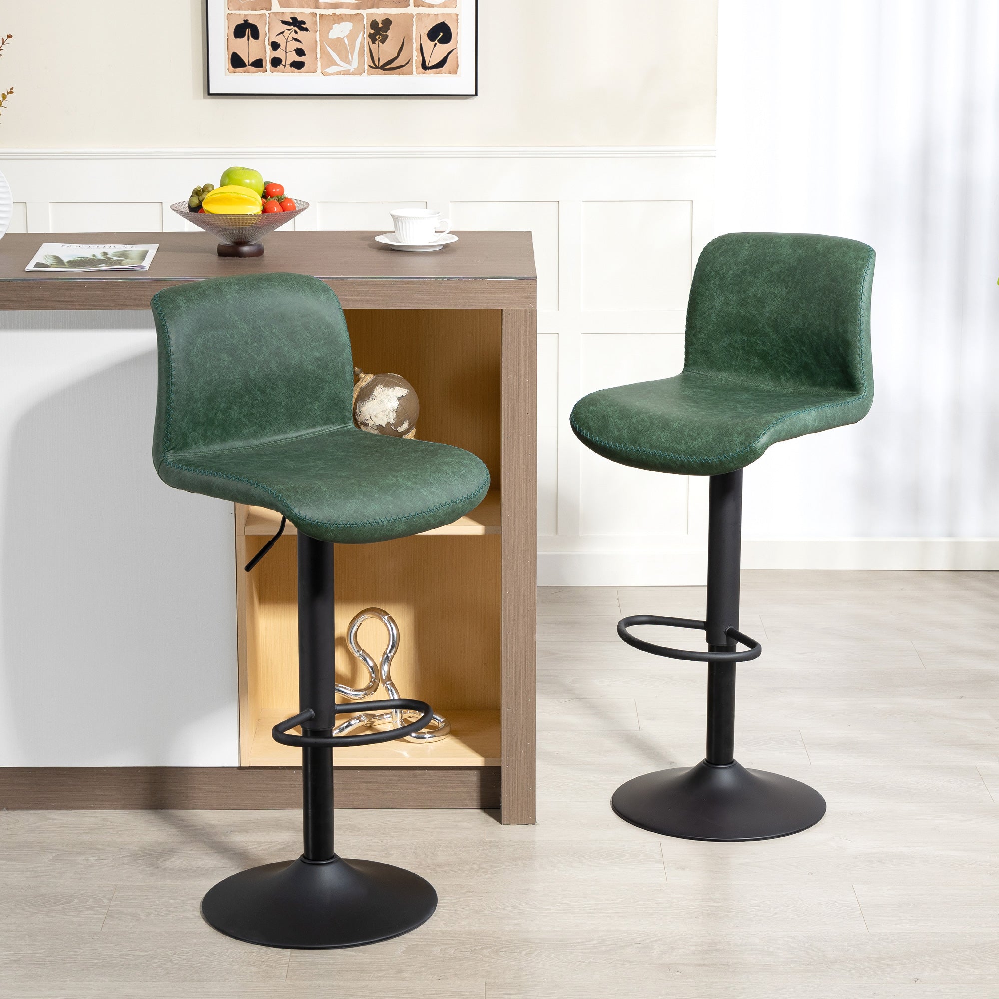 HOMCOM Bar Stools Set of 2, PU Leather Barstools with Backrest and Footrest for Kitchen, Counter, Breakfast Bar, Green 