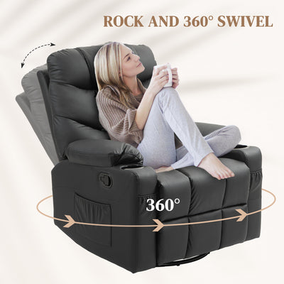 HOMCOM Manual Reclining Chair, Recliner Armchair with Swivel, Faux Leather, Footrest, Cup Holders, 86x93x102cm, Black 