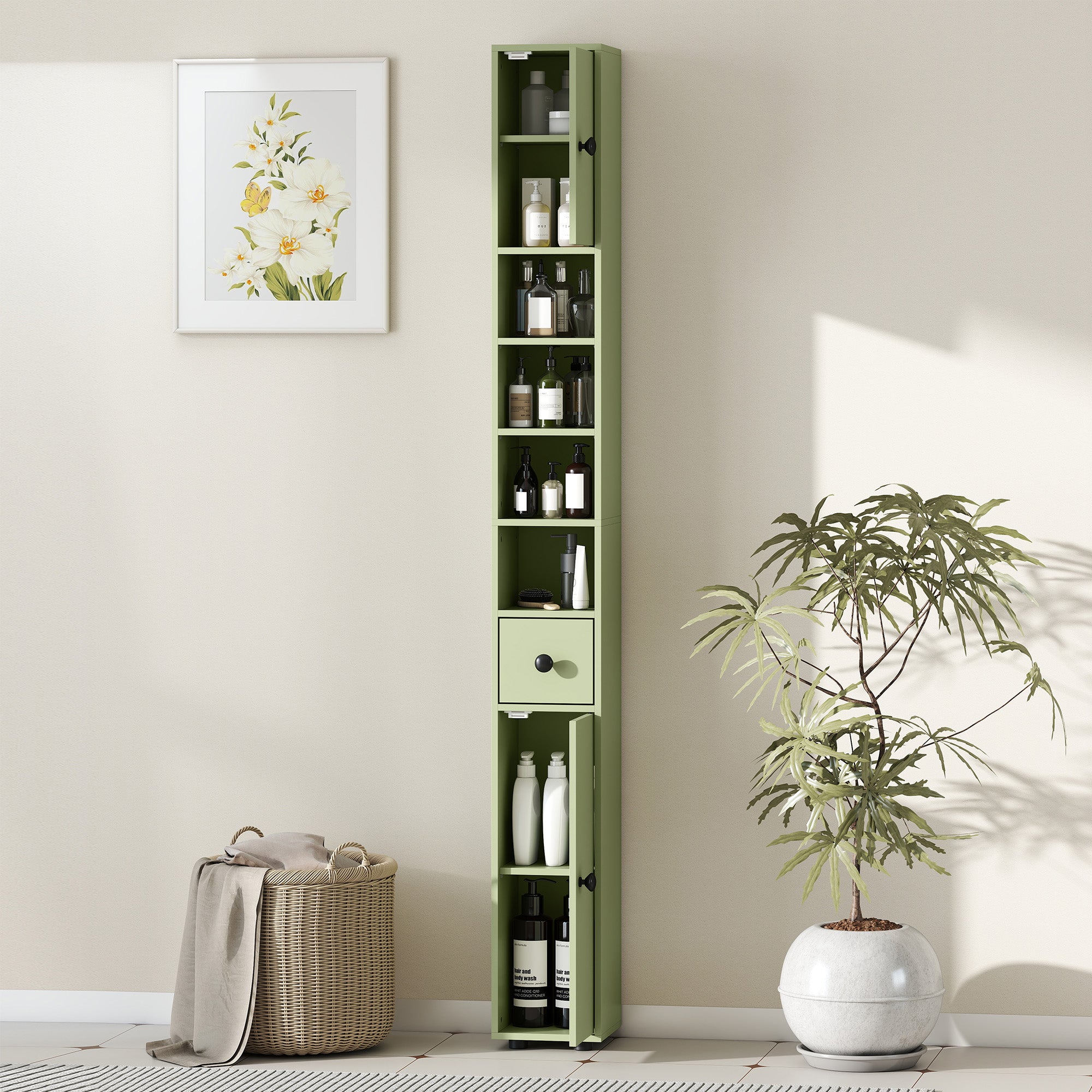 kleankin 180cm Slim Bathroom Cabinet, with Drawer, Shelves and Cupboards - Green