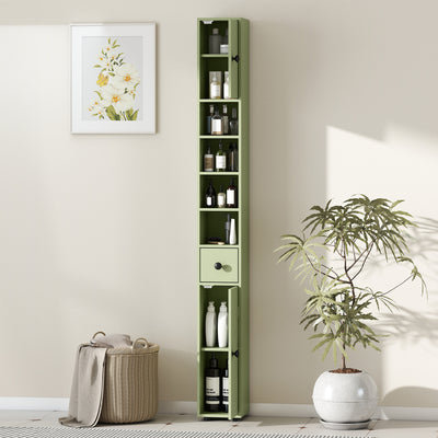 kleankin 180cm Slim Bathroom Cabinet, with Drawer, Shelves and Cupboards - Green 
