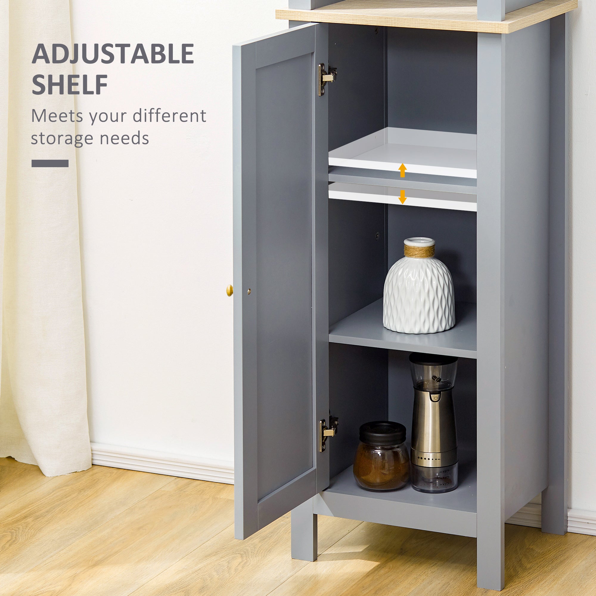 kleankin Bathroom Floor Storage Cabinet with 3 Tier Shelf and Cupboard with Door, Free Standing Linen Tower, Tall Slim Side Organizer Shelves, Grey 