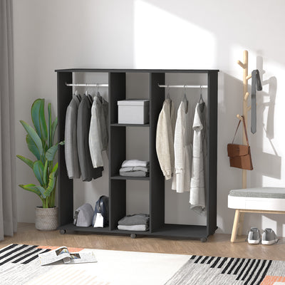 HOMCOM Open Wardrobe Double Mobile Storage Shelves Organizer W/6 Wheels-Black 