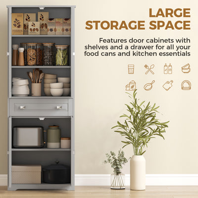 HOMCOM Freestanding Kitchen Cupboard, Storage Cabinet with 2 Adjustable Shelves, Drawer and Glass Door for Living Room, Grey 