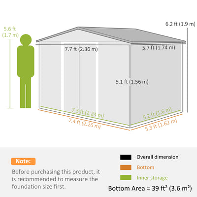 Outsunny 7.7 x 5.7ft Metal Garden Shed, Galvanised Outdoor Tool Storage House with Ventilation Slots and Sliding Doors, Grey 