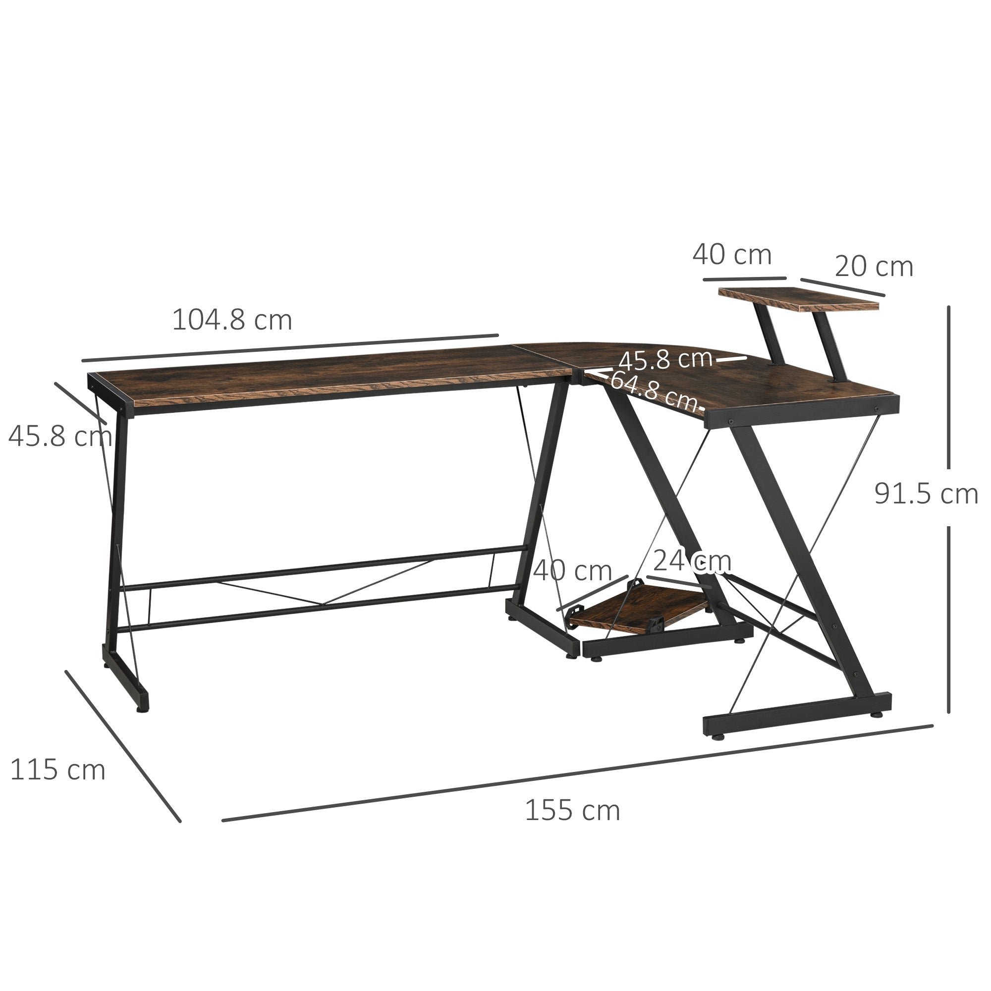 HOMCOM L Shaped Corner Desk, Gaming Desk, Computer Table with Monitor Stand and CPU Stand, Study Workstation for Home Office, 155 x 115 x 91.5cm, Rustic Brown and Black 