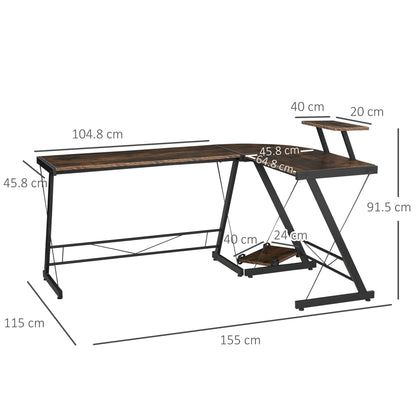 HOMCOM L Shaped Corner Desk, Gaming Desk, Computer Table with Monitor Stand and CPU Stand, Study Workstation for Home Office, 155 x 115 x 91.5cm, Rustic Brown and Black 