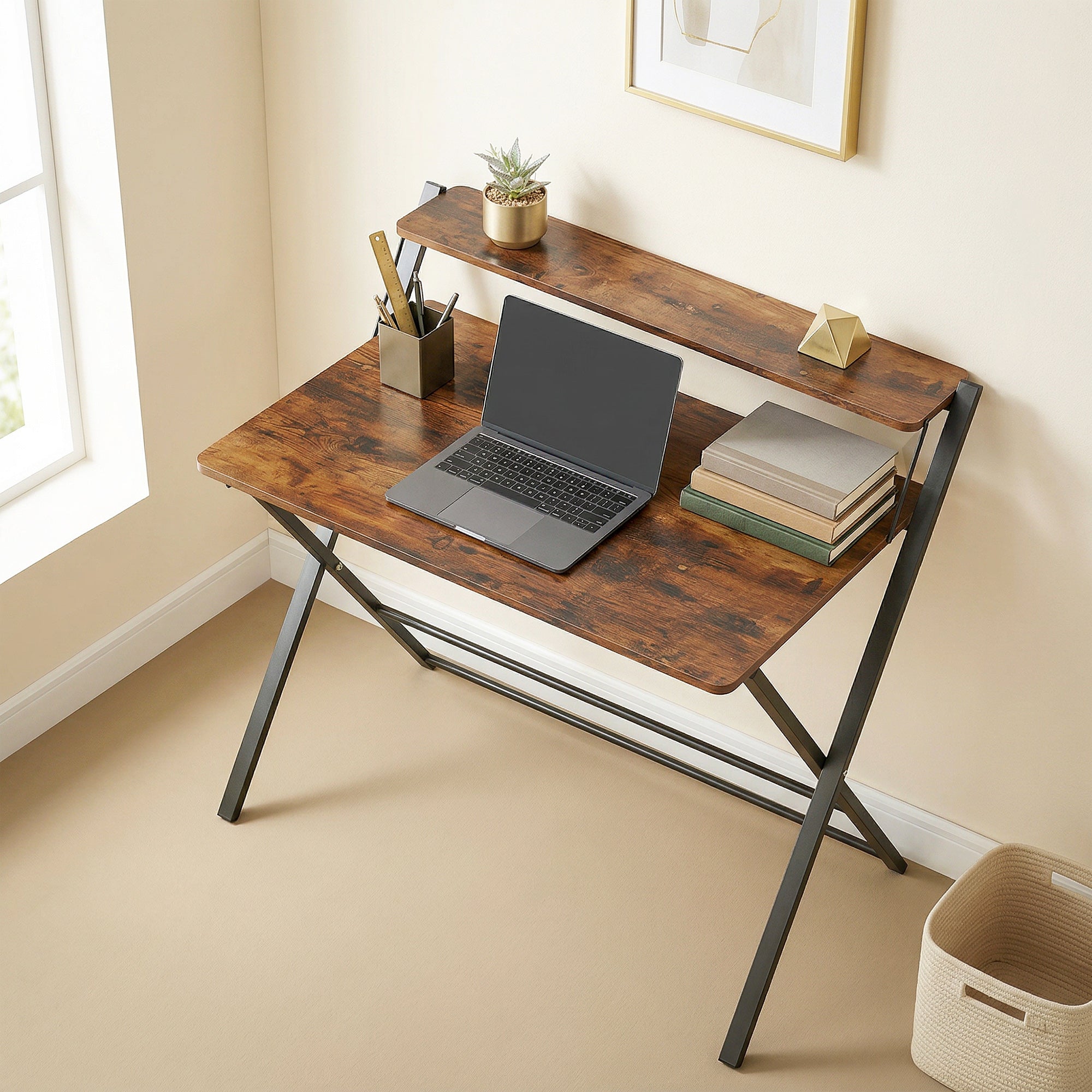 HOMCOM Compact Folding Desk for Small Spaces with Storage Shelf for Home Office, Rustic Brown 