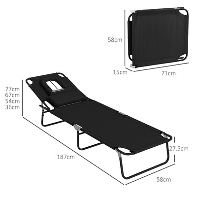 Outsunny Outdoor Foldable Sun Lounger Set of 2, 4 Level Adjustable Backrest Reclining Sun Lounger Chair with Pillow and Reading Hole, Black 
