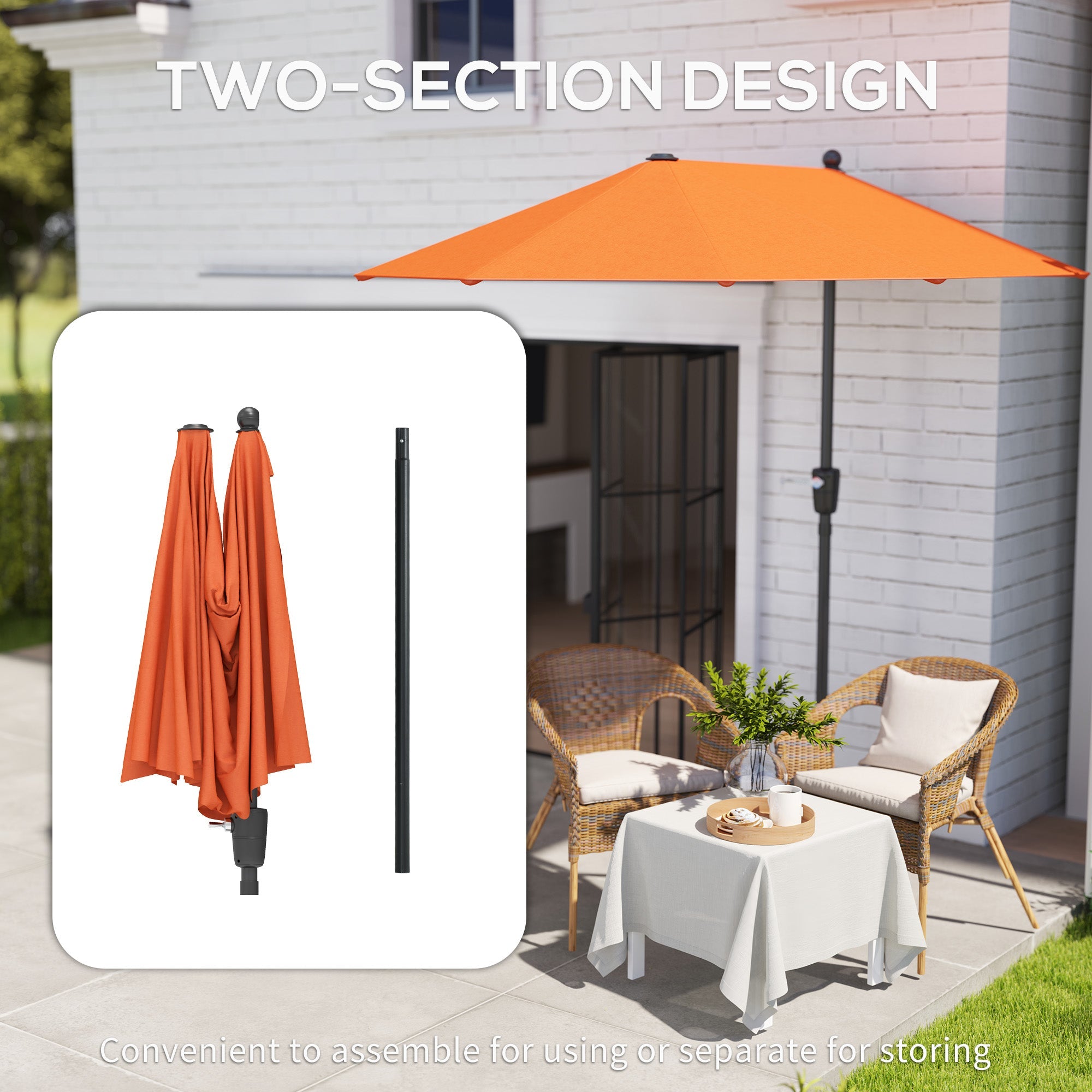 Outsunny 2m Half Parasol Market Umbrella Garden Balcony Parasol with Crank Handle, Cross Base, Double-Sided Canopy, Orange 