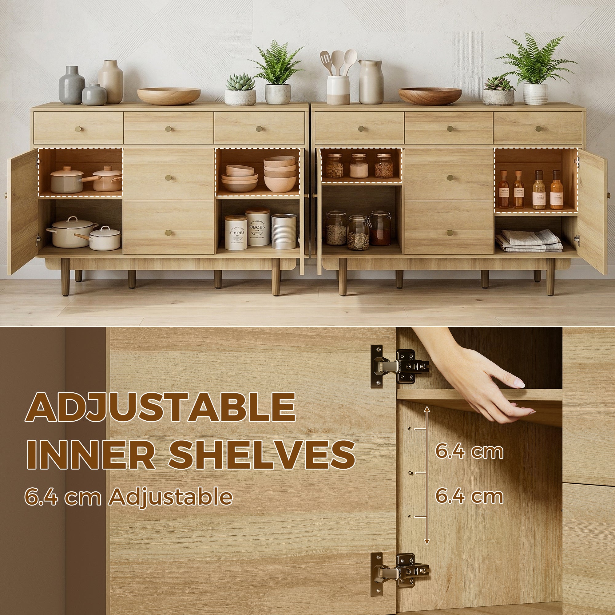 HOMCOM Sideboard with 5 Drawers and 2 Cabinets Buffet Cabinet with Solid Wood Legs 136 cm Walnut 
