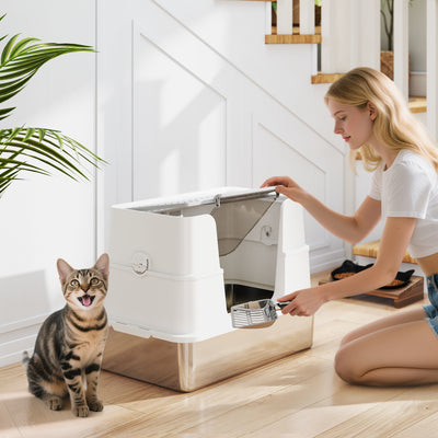 PawHut XL Stainless Steel Litter Box w/ 100° Flip Top, Scoop, Side Top Dual Entry, Odor Free, Easy Cleaning, Anti Leakage 