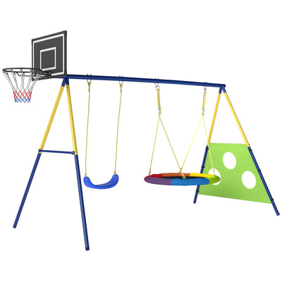 AIYAPLAY 4-in-1 Kids Swing Set with Saucer Swing, Basketball Hoop and Football Goal, Outdoor Playground Playset for Garden 