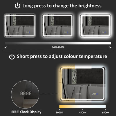 HOMCOM 60 x 80 cm Bluetooth LED Bathroom Mirror with Clock Anti-Fog - Silver Tone 