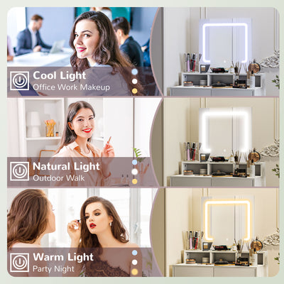 HOMCOM Dressing Table with Mirror and LED Lights, Vanity Table with 2 Drawers, 3 Compartments, 3 Colour Lighting, for Bedroom, Modern Dresser Makeup Desk for Women and Girls, White 