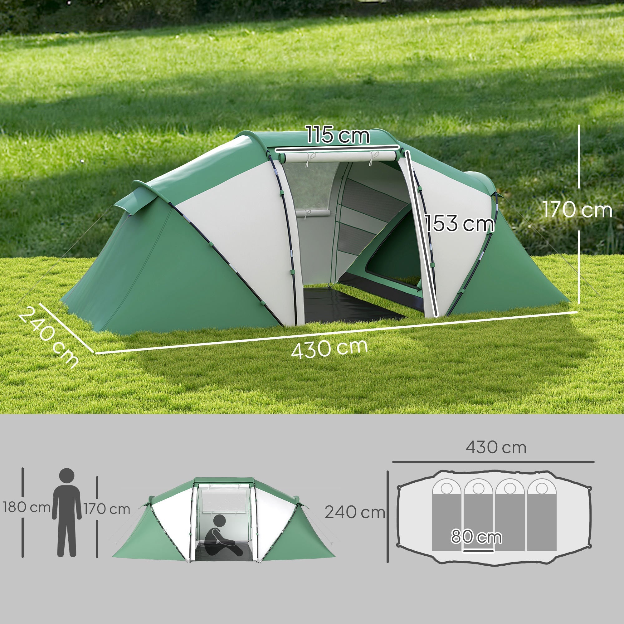 Outsunny 4-6 Man UV Protection Camping Tent - Green and White 