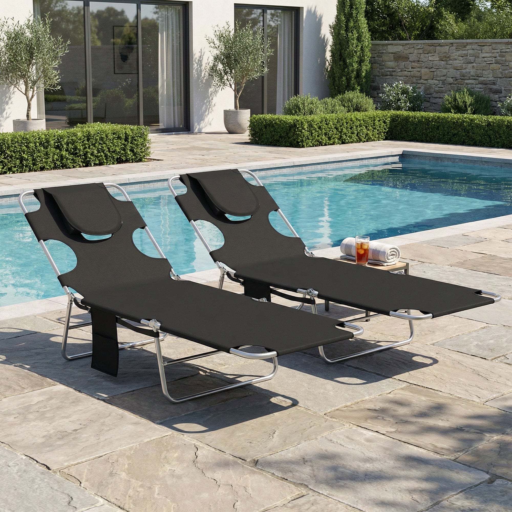 Outsunny 5-Position Adjustable Sun Loungers Set of 2 with Reading Hole and Side Pocket, Black 