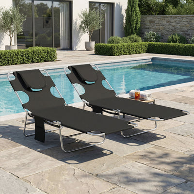 Outsunny 5-Position Adjustable Sun Loungers Set of 2 with Reading Hole and Side Pocket, Black 