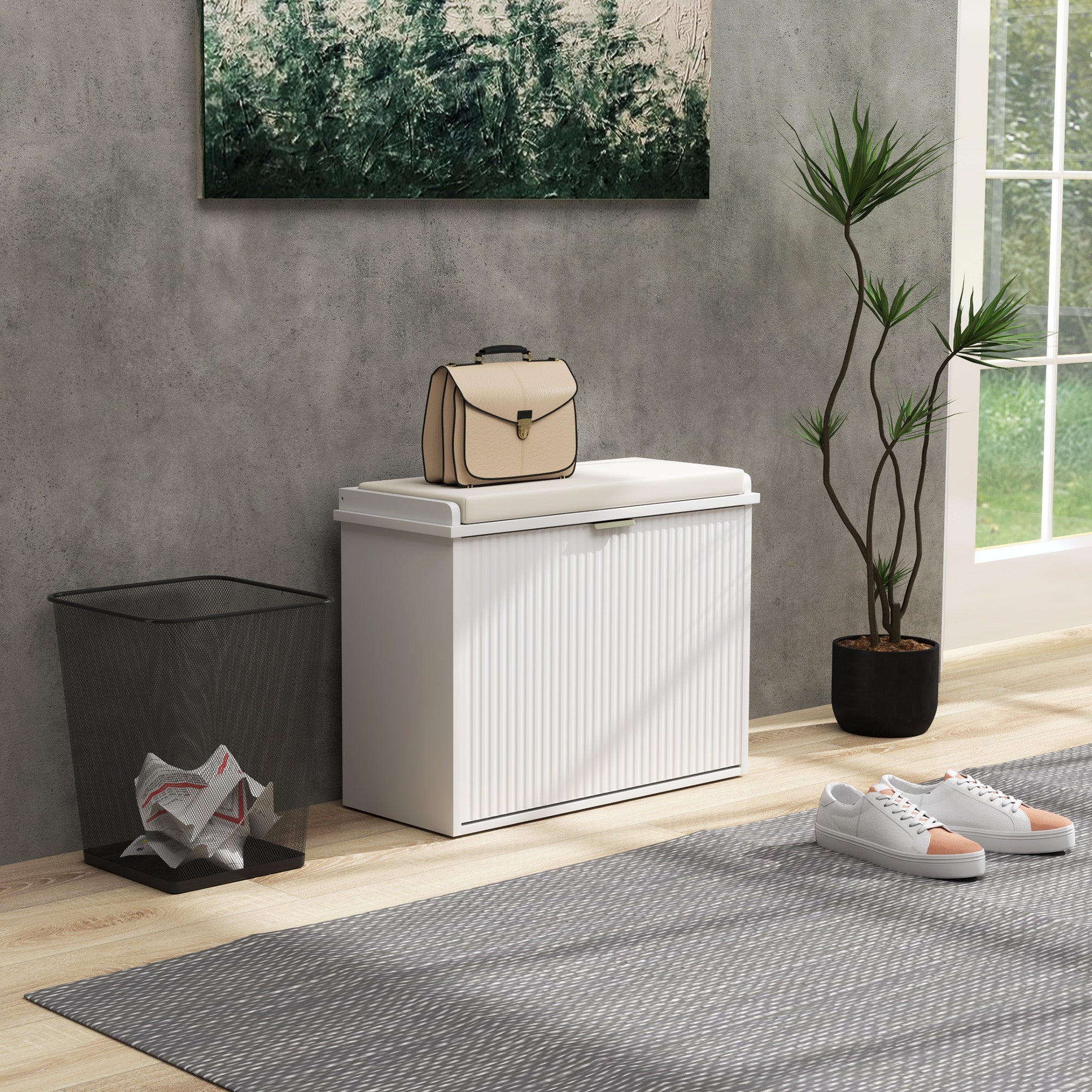 HOMCOM Elegant Six Shoe Bench, with Top Seat - White 