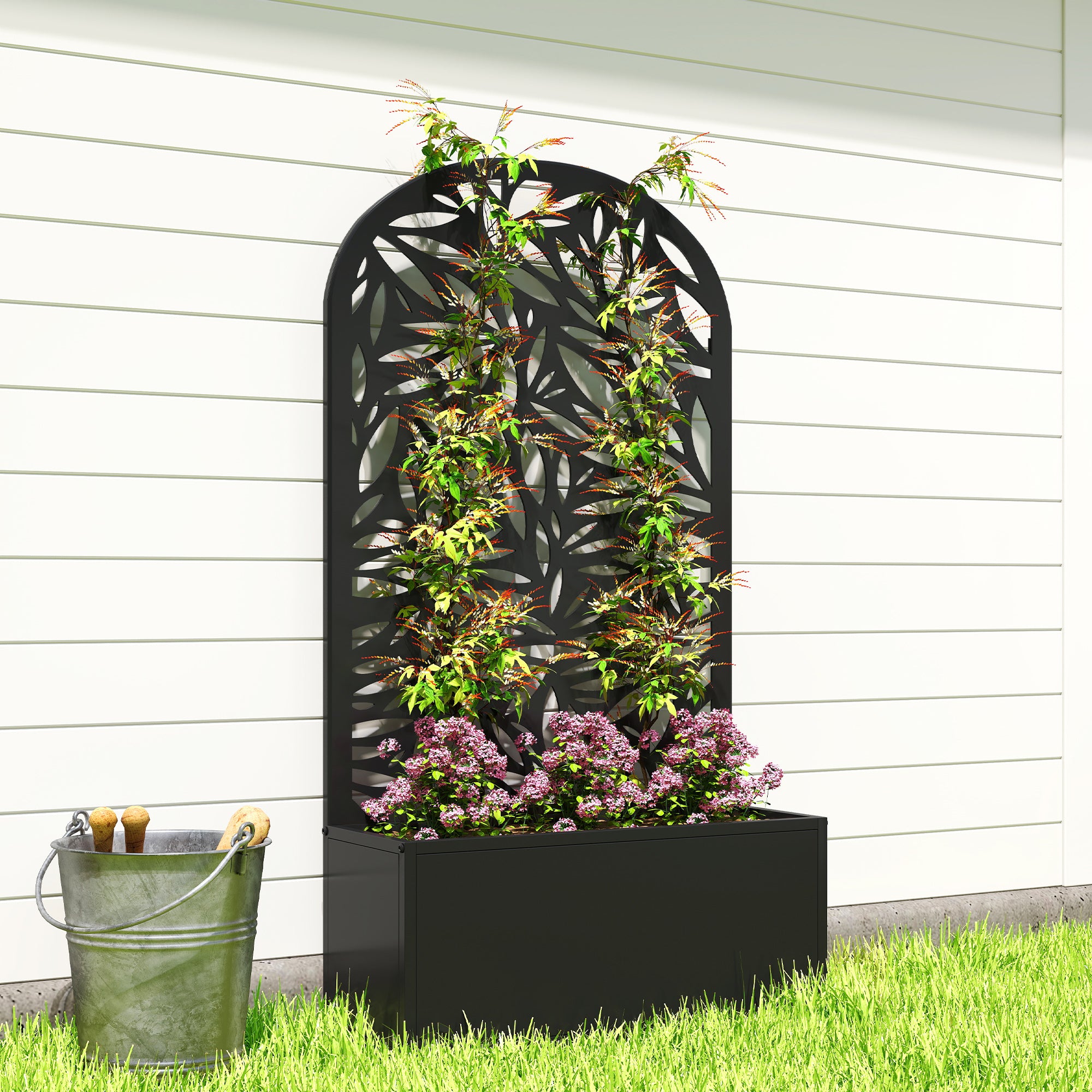 Outsunny Metal Garden Bed for Garden with Trellis, Wall Mounted or Freestanding Raised Planter with Curved Privacy Screen 