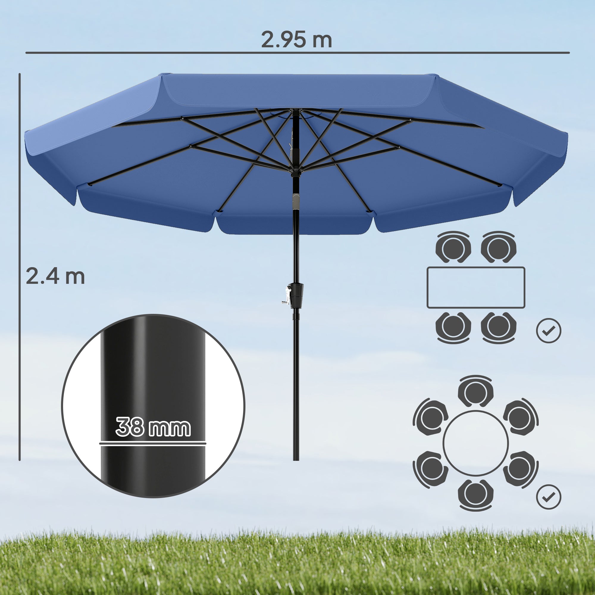 Outsunny 3 m Garden Parasol with Tilt Mechanism & Crank Handle, UPF 30+ Patio Umbrella Outdoor Table Umbrella, Dark Blue 