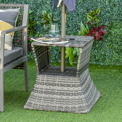 Outsunny Outdoor Patio Rattan Wicker Coffee Table Bistro Side Table w/ Umbrella Hole and Storage Space, Grey 
