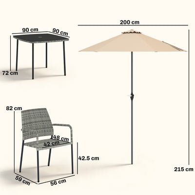 Outsunny 4 Seater Rattan Dining Set with Parasol, 6 Piece Garden Table and Stackable Chairs with Tempered Glass Tabletop 