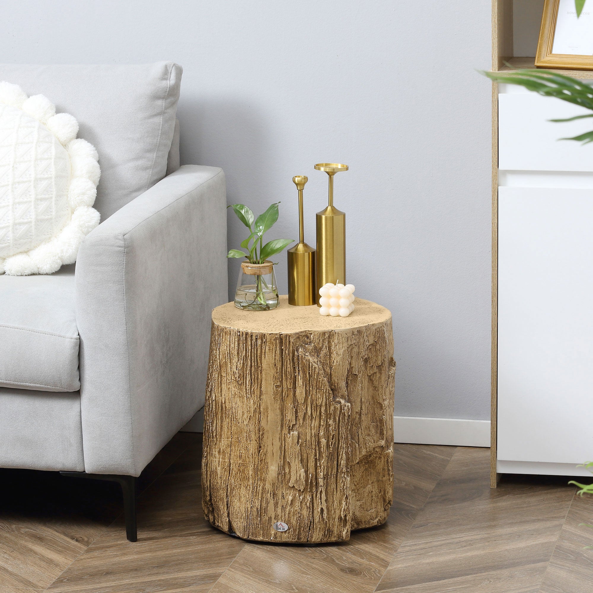 HOMCOM Tree Stump End Table, Round Concrete Side Table for Indoor and Outdoor Use, Natural Wood Effect 