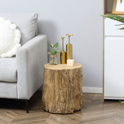 HOMCOM Tree Stump End Table, Round Concrete Side Table for Indoor and Outdoor Use, Natural Wood Effect 