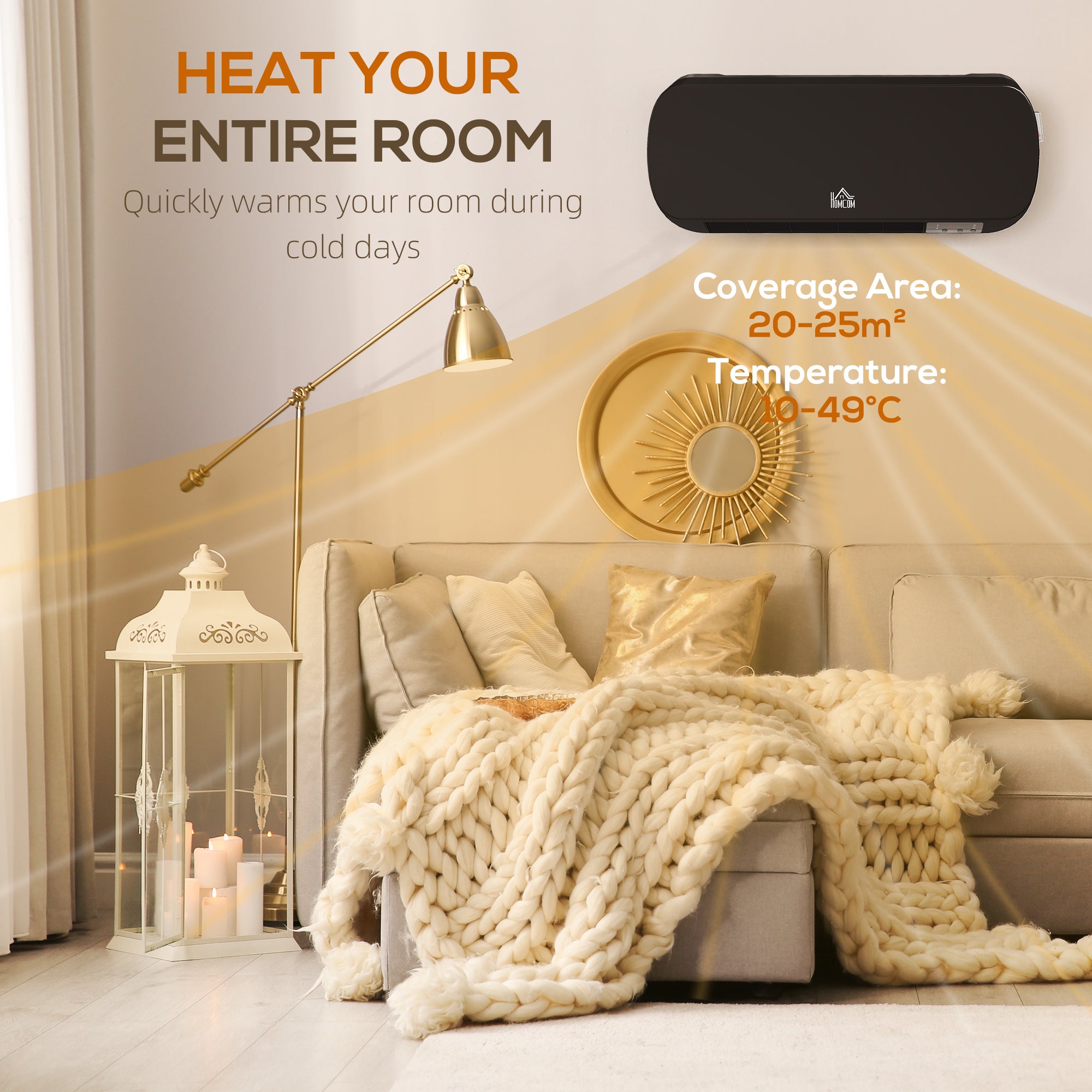 HOMCOM 2000W Wall Mounted Ceramic Space Heater, 10-49°C Temperature, Black