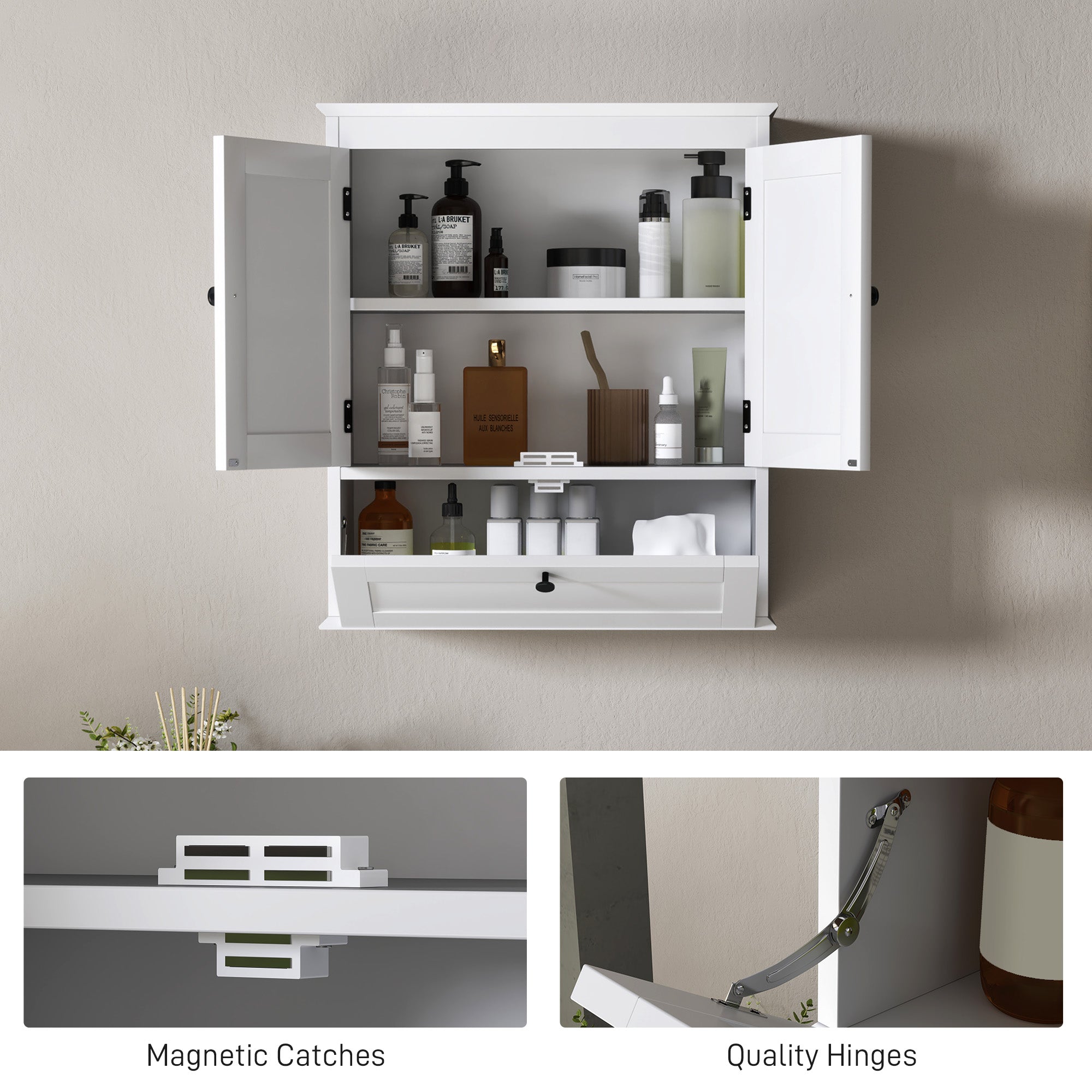 HOMCOM Bathroom Wall Cabinet with Adjustable Shelf and Recessed Doors, White