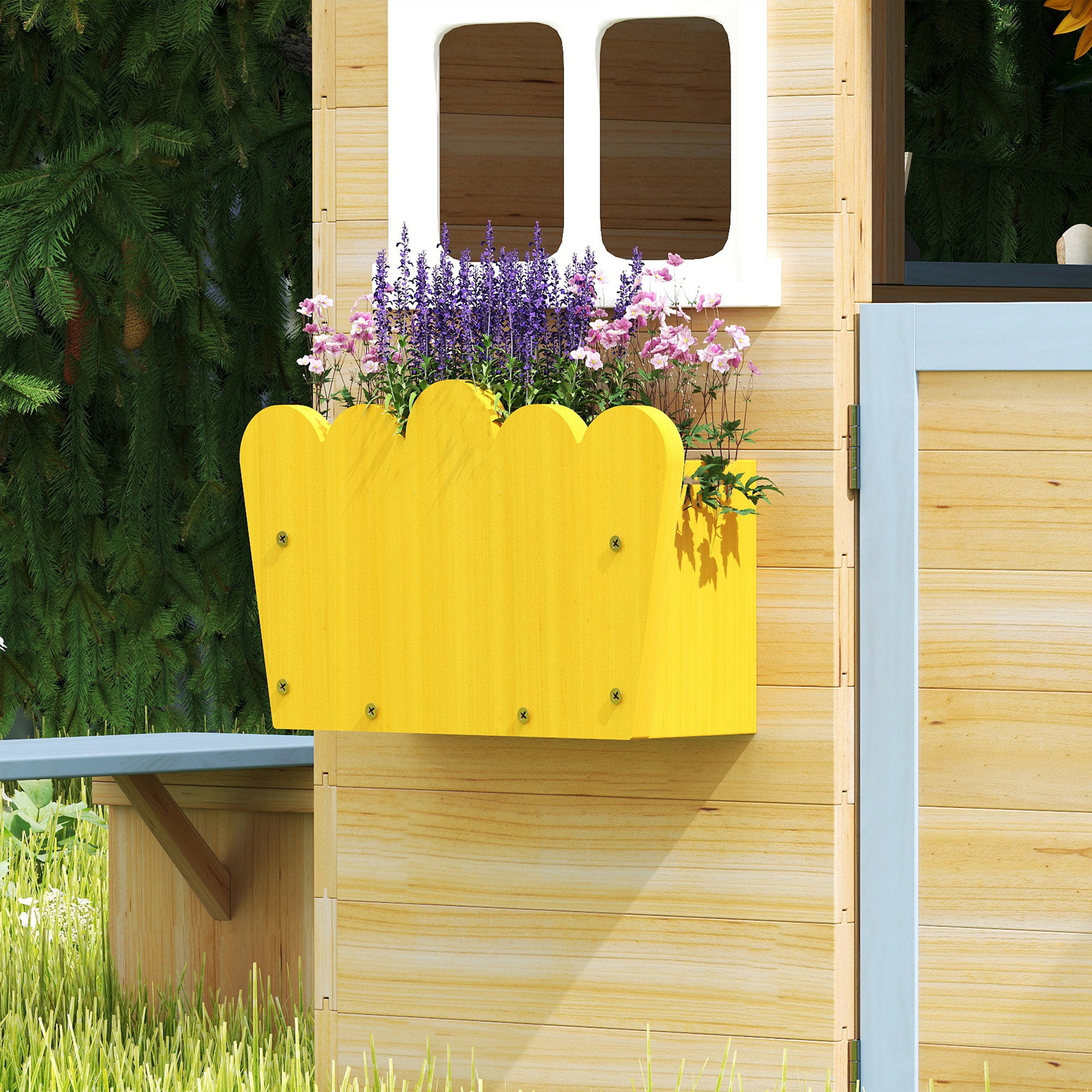 Outsunny Wooden Playhouse, Wendy House w/ Door, Bench, Flowerpot Holder, For Ages 3-7 Years, Blue 