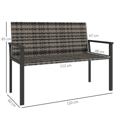 Outsunny 2 Seater Rattan Garden Bench, Outdoor Bench with Quick-Drying Cotton Padding, Wicker Garden Loveseat with Armrests, Steel Frame for Patio, Park, Mixed Grey 
