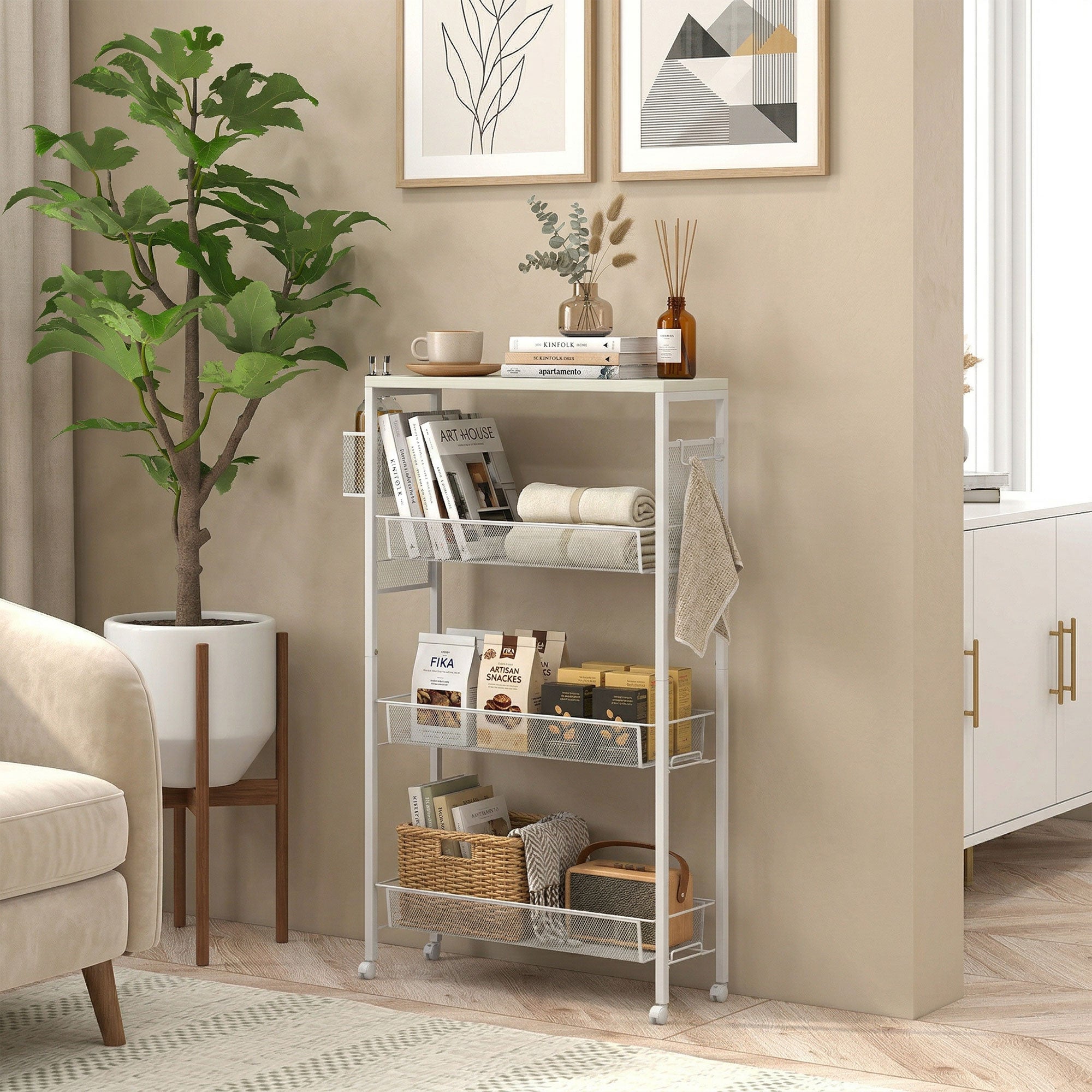 HOMCOM 3-Tier Kitchen Cart with 3 Steel Wire Baskets - White 