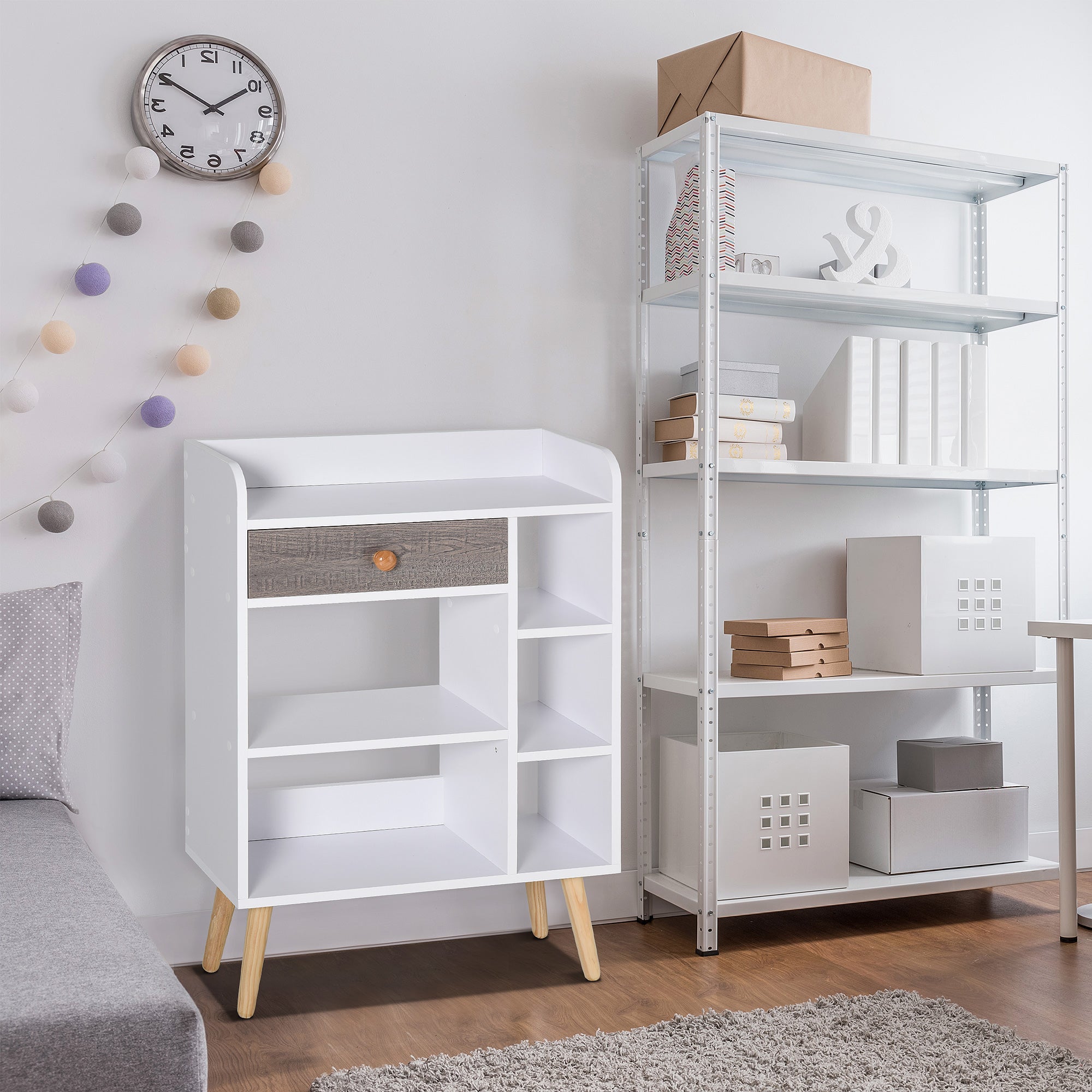 HOMCOM Bookcase, Freestanding Book Shelf with Storage Drawer, 6 Shelves and Wood Legs for Home Office Display, White and Grey, 24D x 60W x 86.8H cm 