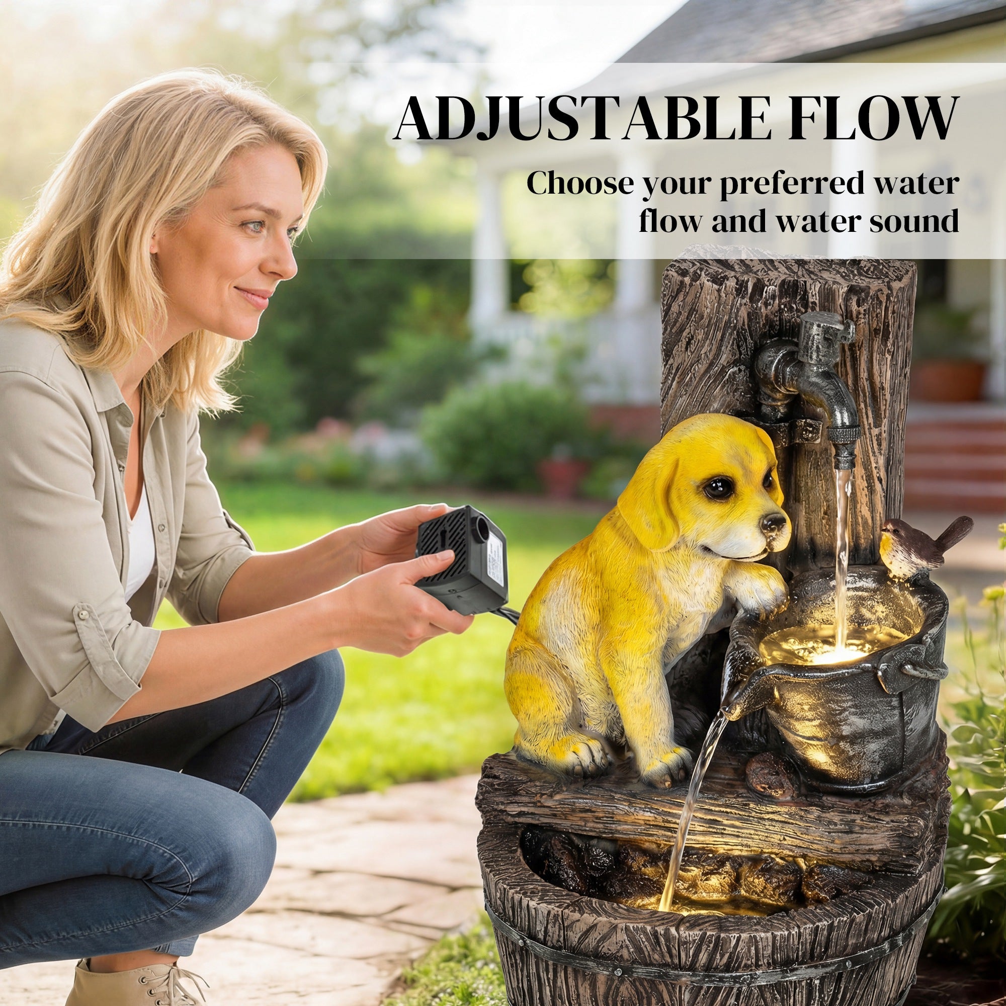Outsunny Garden Water Feature with 3-Tier Rustic Puppy Design, Freestanding Resin with LED Lights, Adjustable Flow, Rustic Brown 