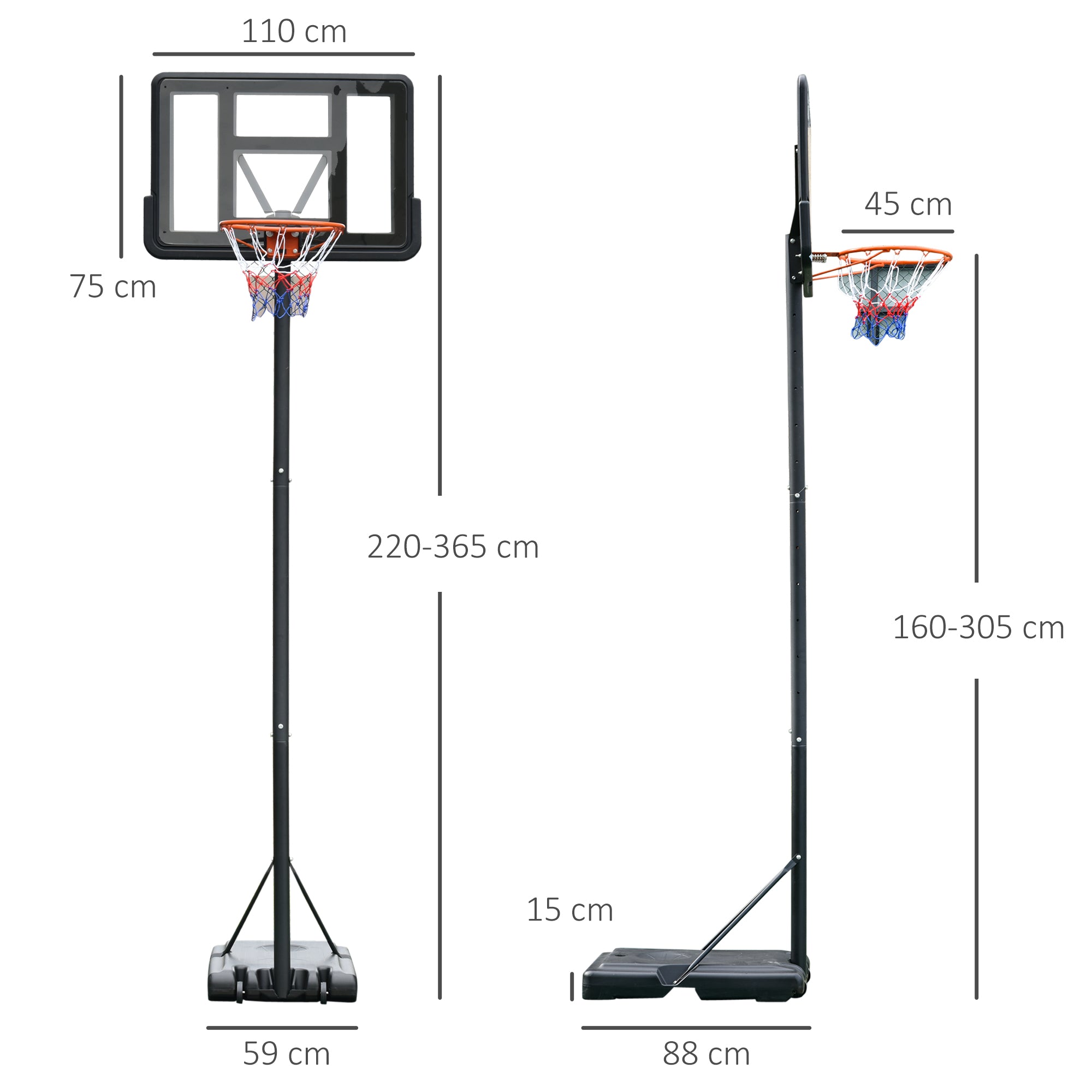 HOMCOM Portable Basketball Hoop Stand 231-305cm Height Adjustable w/ Moving Wheels 