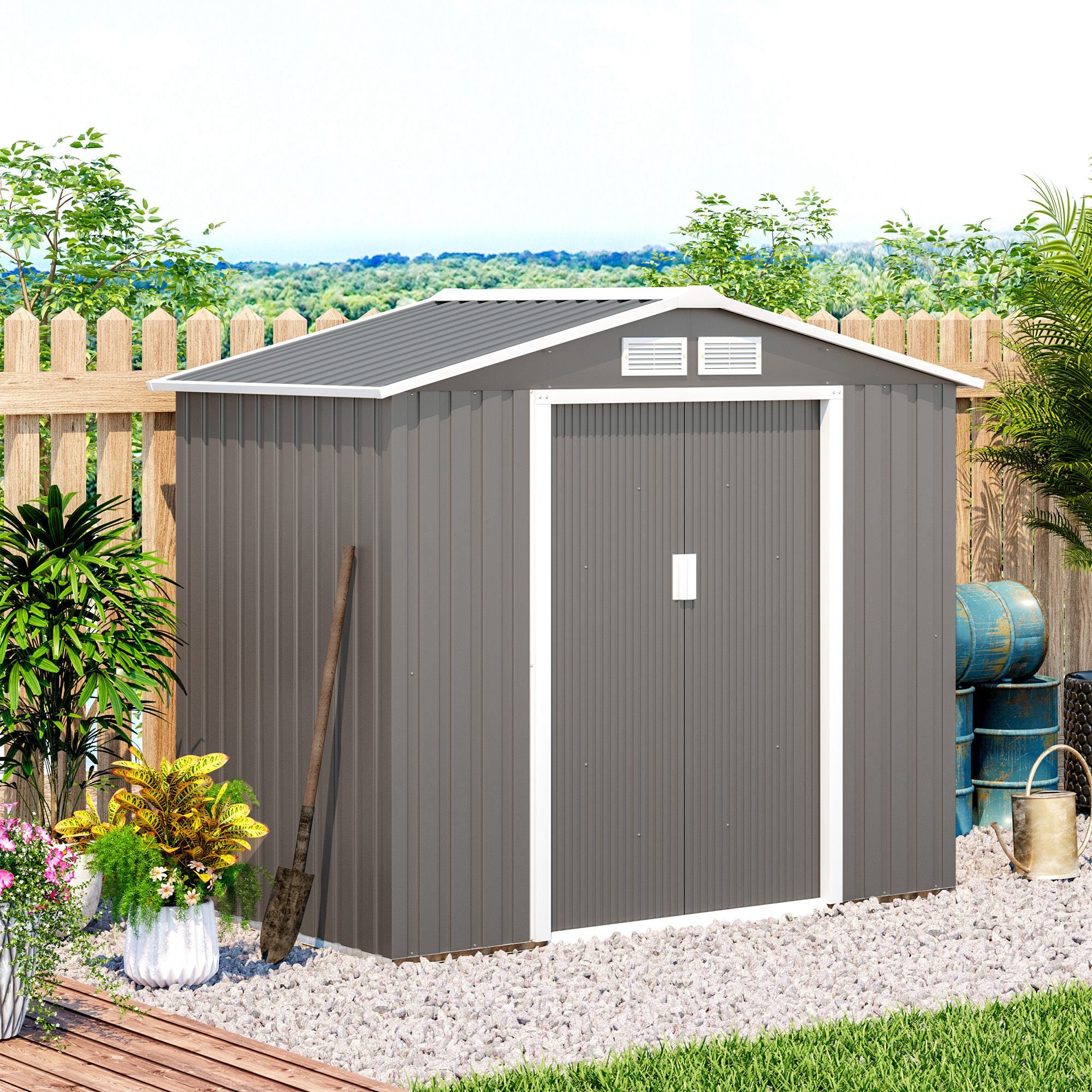Outsunny 7ft x 4ft Lockable Garden Metal Storage Shed Storage Roofed Tool Metal Shed w/ Air Vents Steel Grey 