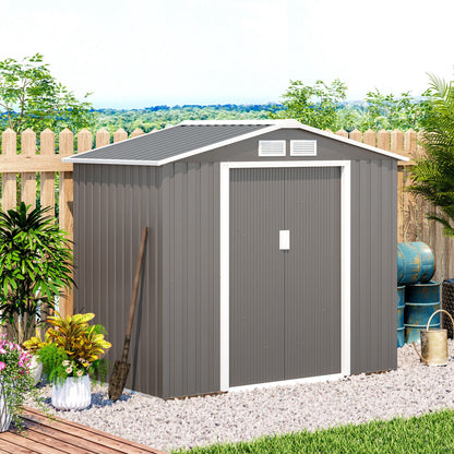 Outsunny 7ft x 4ft Lockable Garden Metal Storage Shed Storage Roofed Tool Metal Shed w/ Air Vents Steel Grey 