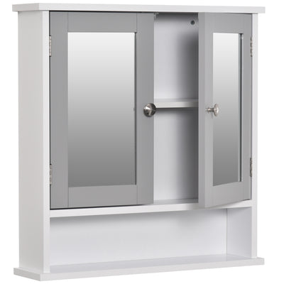 kleankin Mirror Cabinet Wall Mounted with Double Mirrored Doors, Hanging Cabinet with Cupboard and Shelf, Bathroom Wall Storage Organizer, Grey 