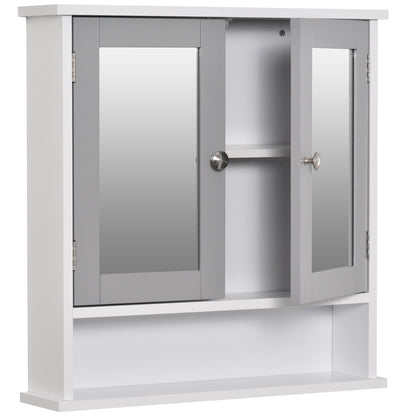 kleankin Mirror Cabinet Wall Mounted with Double Mirrored Doors, Hanging Cabinet with Cupboard and Shelf, Bathroom Wall Storage Organizer, Grey 