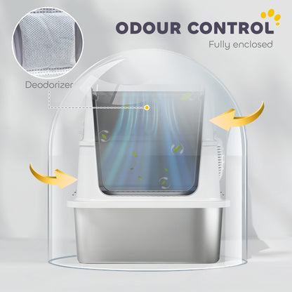 PawHut Extra Large Stainless Steel, Cat Litter Tray with Scoop, Flip Top