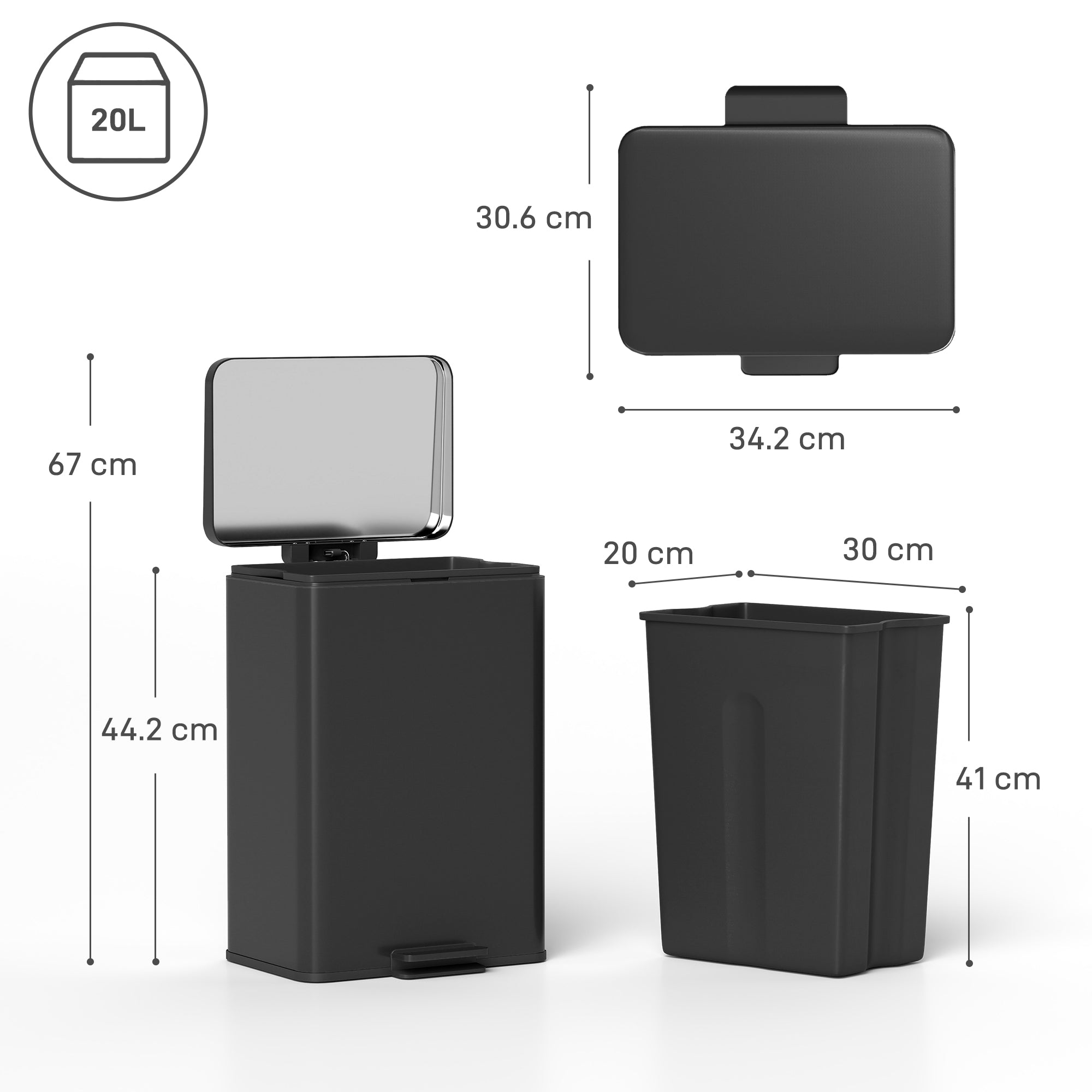 HOMCOM 20L Kitchen Bin with Soft-Close Lid and Stay-Open Function, Stainless Steel Pedal Bin with Removable Inner Bucket for Kitchen, Office, Home, Matte Black 