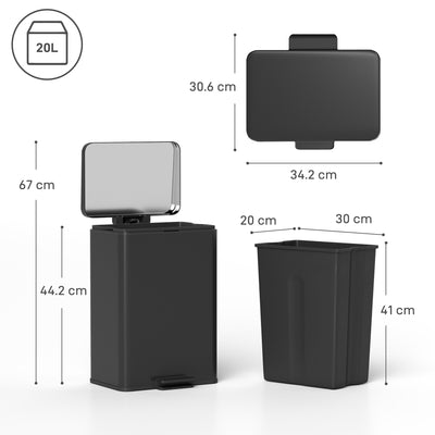 HOMCOM 20L Kitchen Bin with Soft-Close Lid and Stay-Open Function, Stainless Steel Pedal Bin with Removable Inner Bucket for Kitchen, Office, Home, Matte Black 